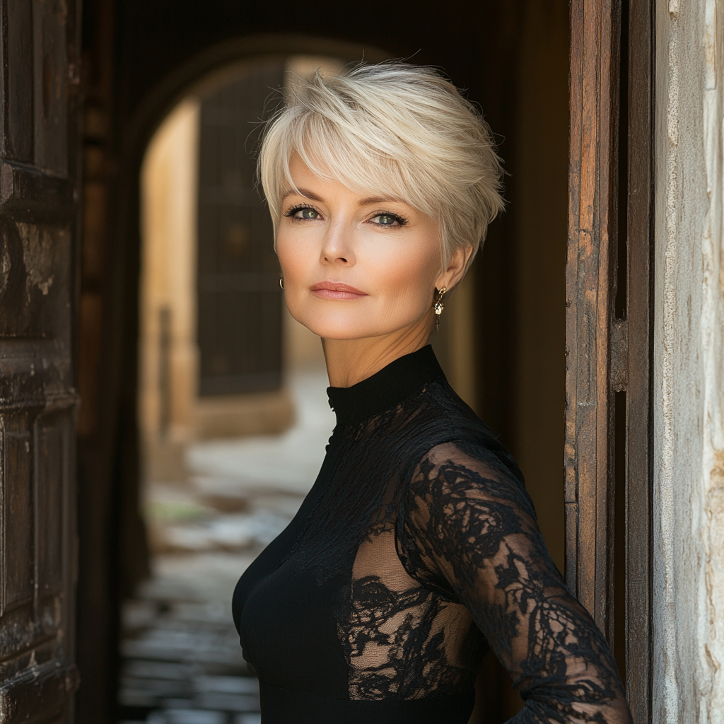 Middle-aged blonde woman leaning against old doorway full body shot