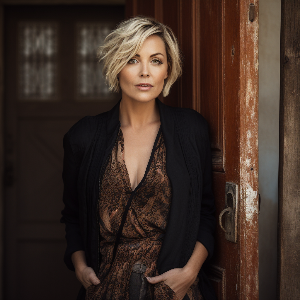 Middle-aged blonde woman posing against old doorway 