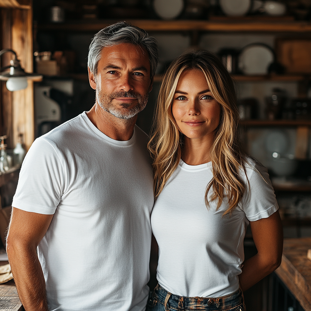 Middle aged couple in modern kitchen smiling, Thanksgiving.