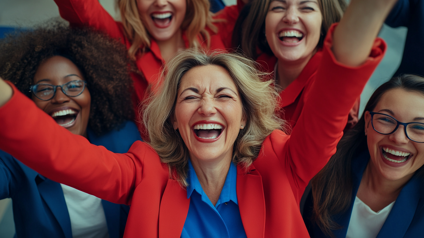 Middle aged diverse businesswomen celebrating a small win happily.