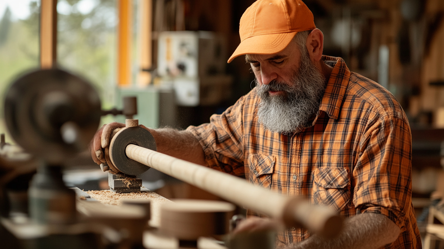 Middle aged farmer with beard making staircase railing.