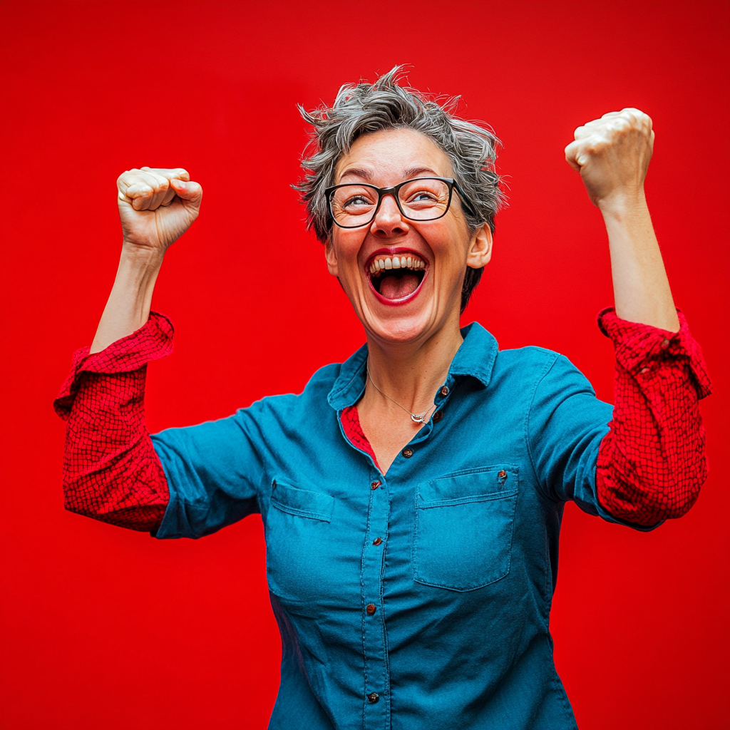 Middle aged lesbian woman celebrating small win, smiling big.