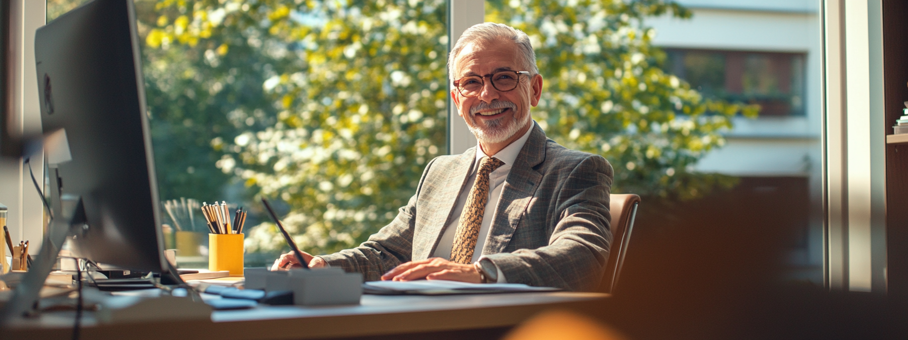 Middle-aged male boss enjoying sunshine at clean desk.