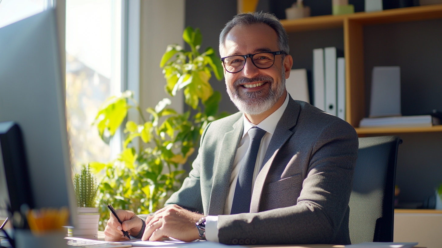 Middle-aged male boss smiling at desk, enjoying sunshine.