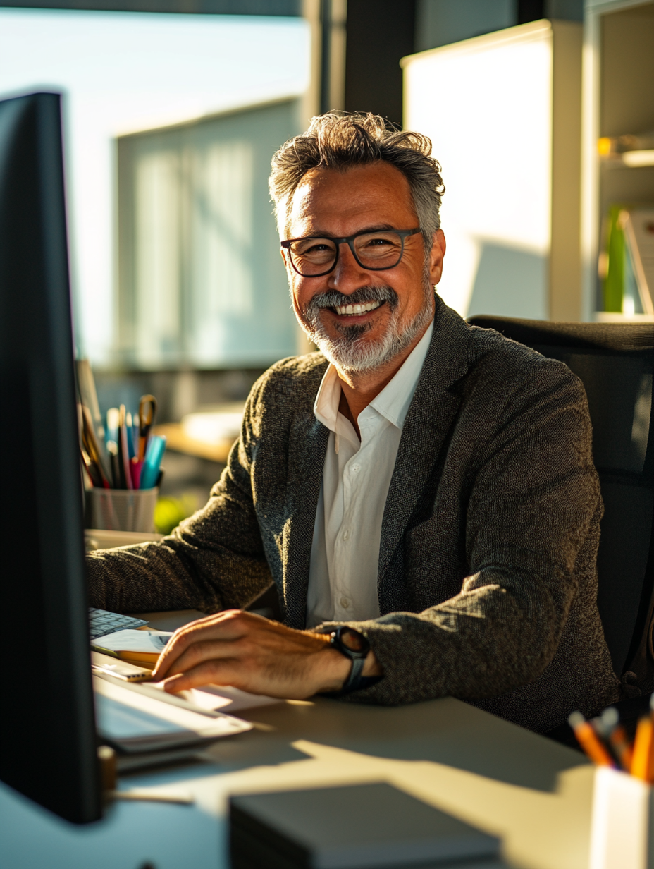 Middle-aged male boss smiling at desk in sun.