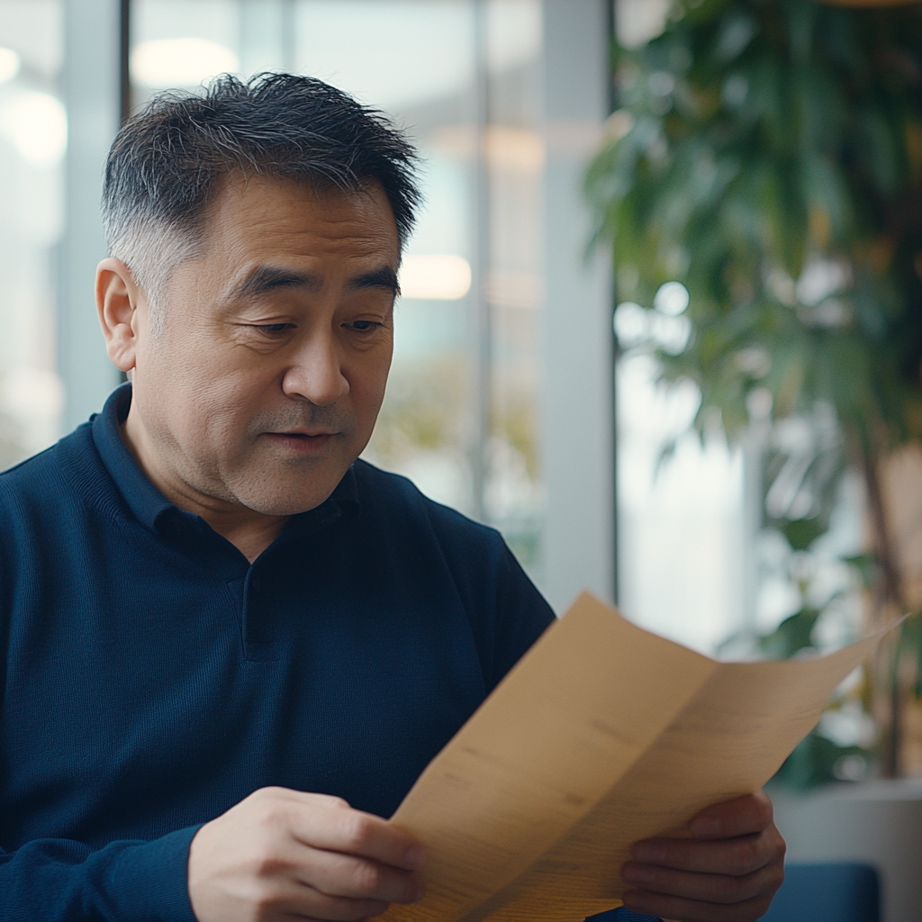 Middle-aged man in waiting room reading pamphlet