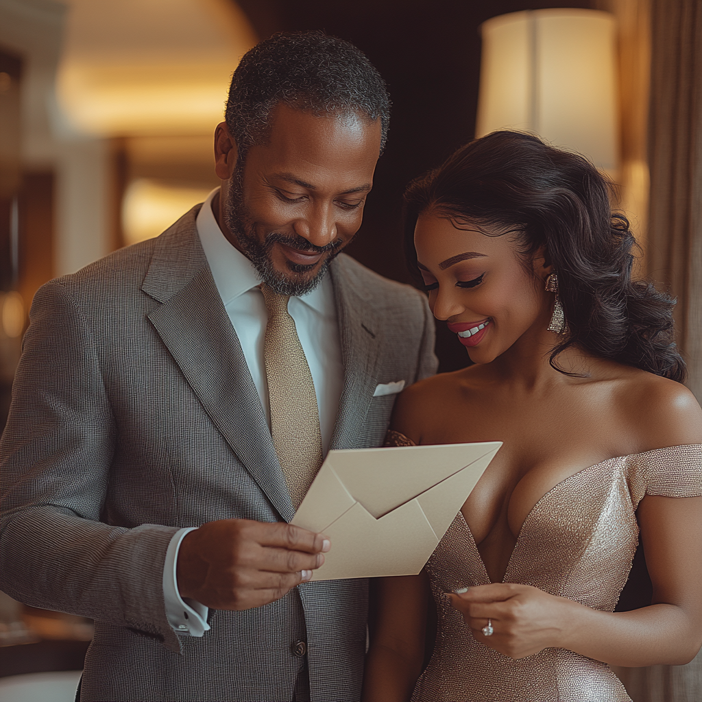 Middle-aged man places envelope in stylish hotel room & car.