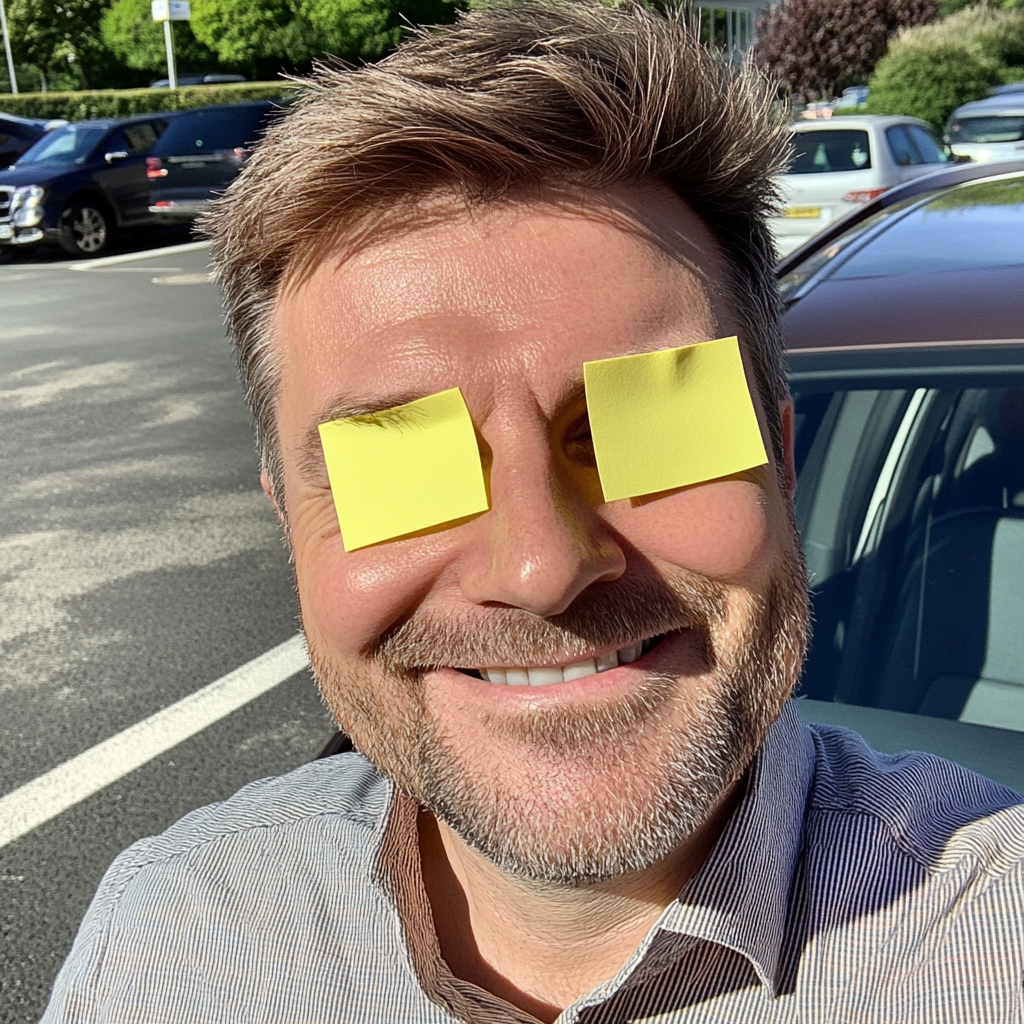 Middle-aged man taking selfie with post-it notes in Manchester parking lot