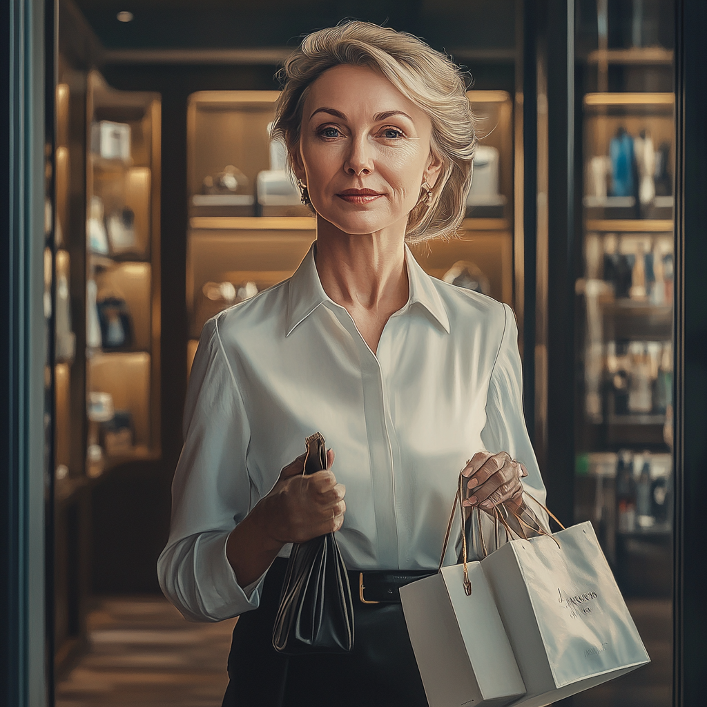 Middle-aged mom shopping for luxury accessories in mall