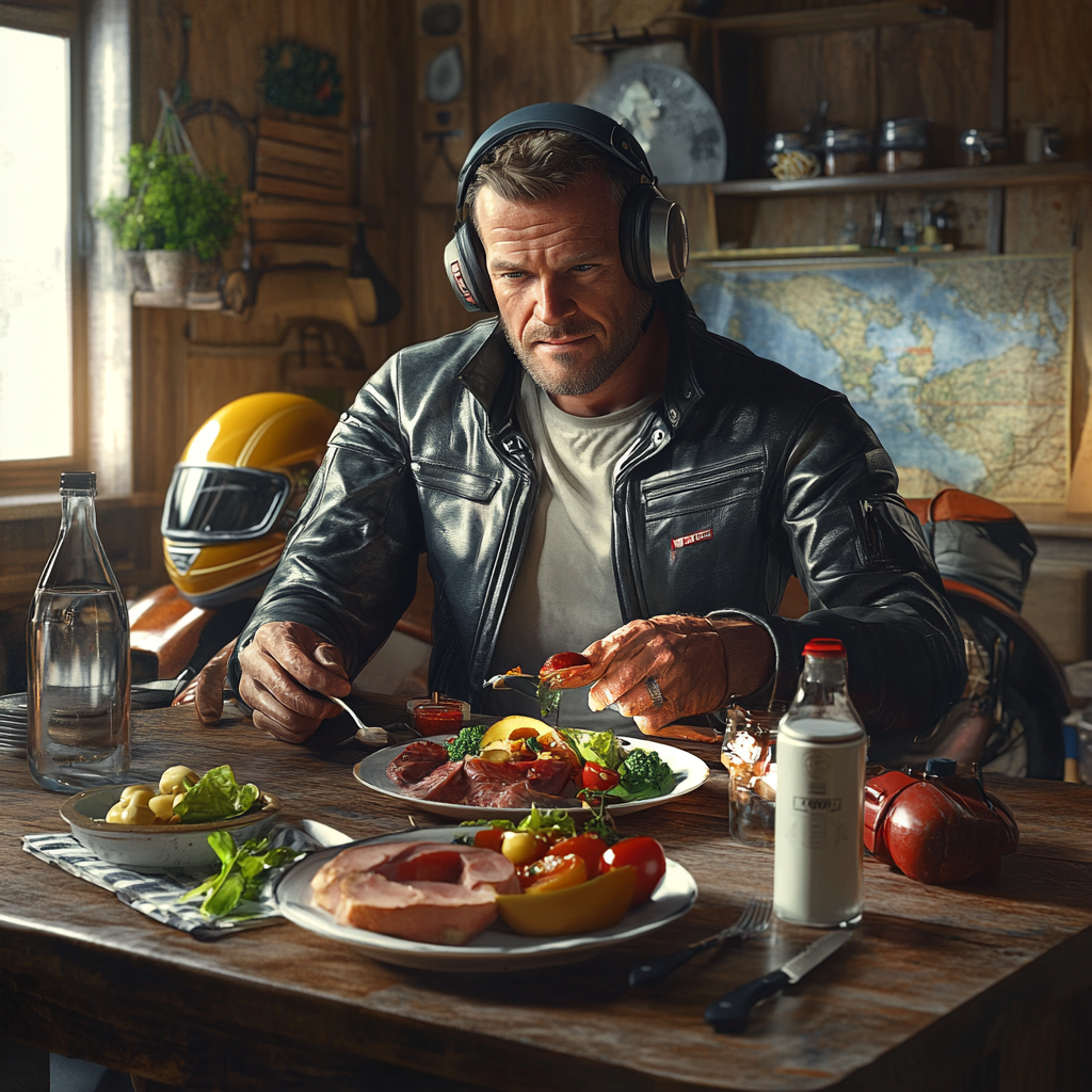 Middle-aged motorcyclist in dining area with balanced meal.