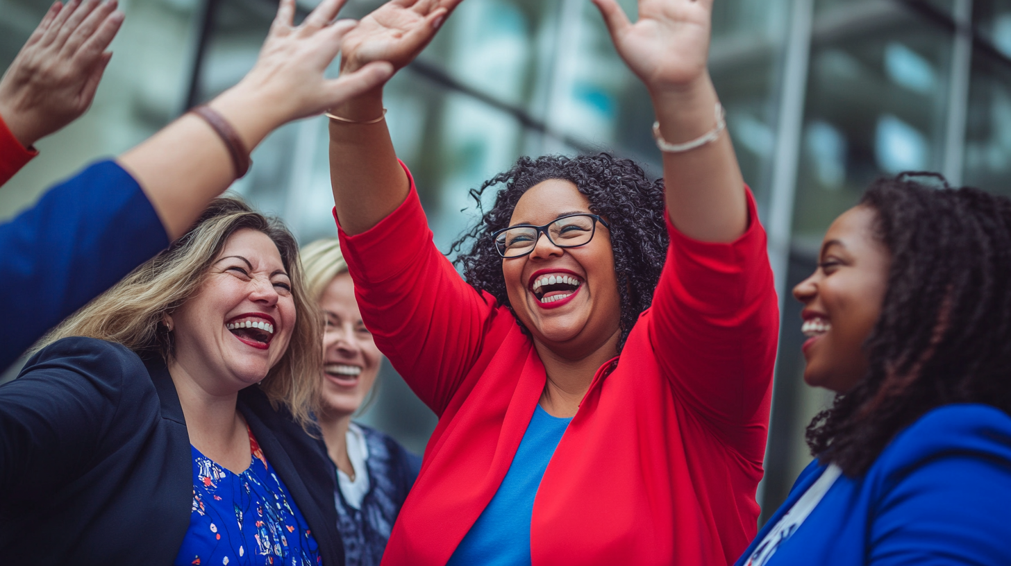 Middle-aged plus-size businesswomen celebrate by high-fiving joyfully.