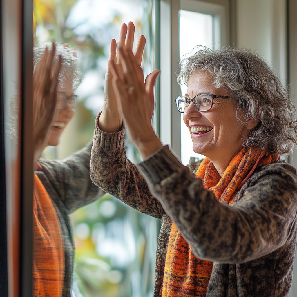 Middle aged woman, celebrating small win, high-fiving mirror.