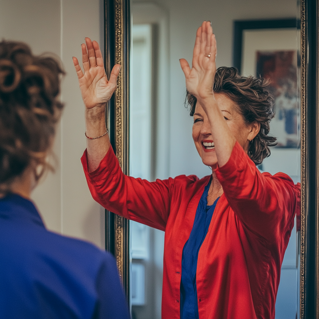 Middle-aged woman high-fiving herself, smiling in mirror. Celebrating.