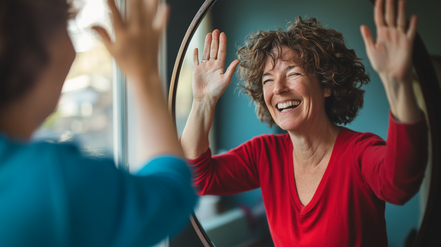 Middle aged woman high-fiving herself in mirror, celebrating win.