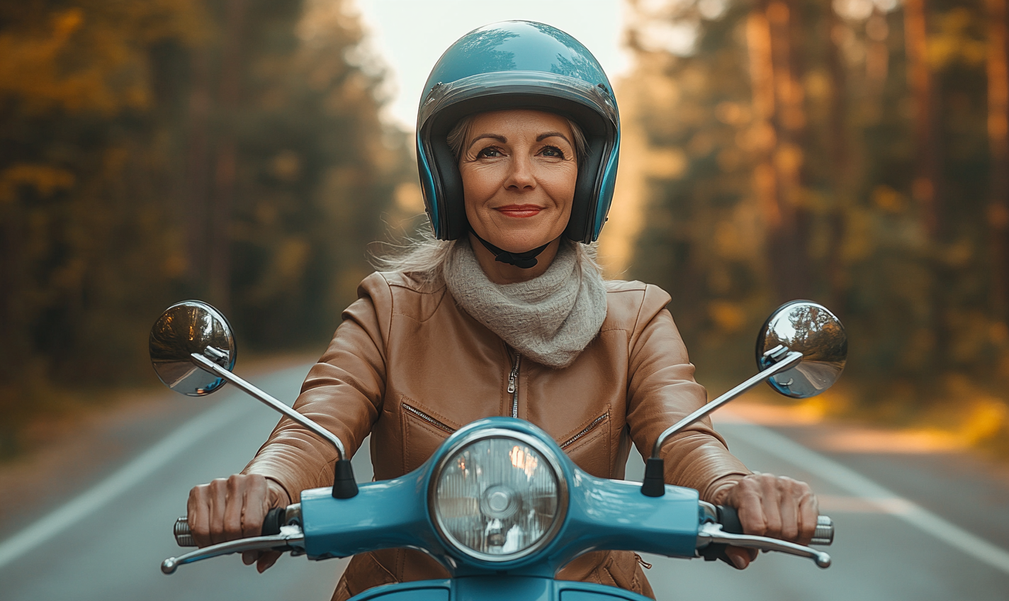 Middle-aged woman on blue scooter in forest