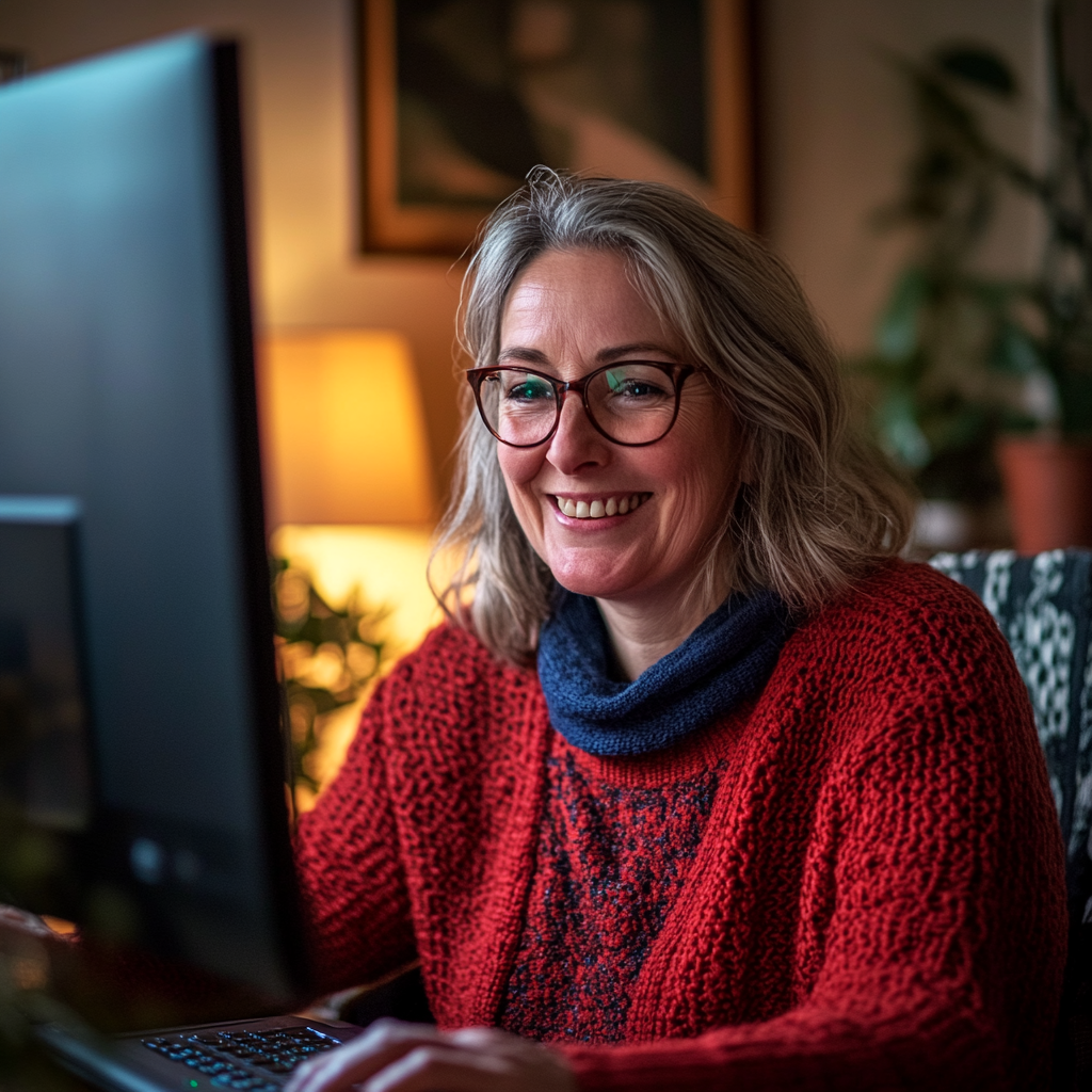 Middle-aged woman smiling at computer in virtual meeting.