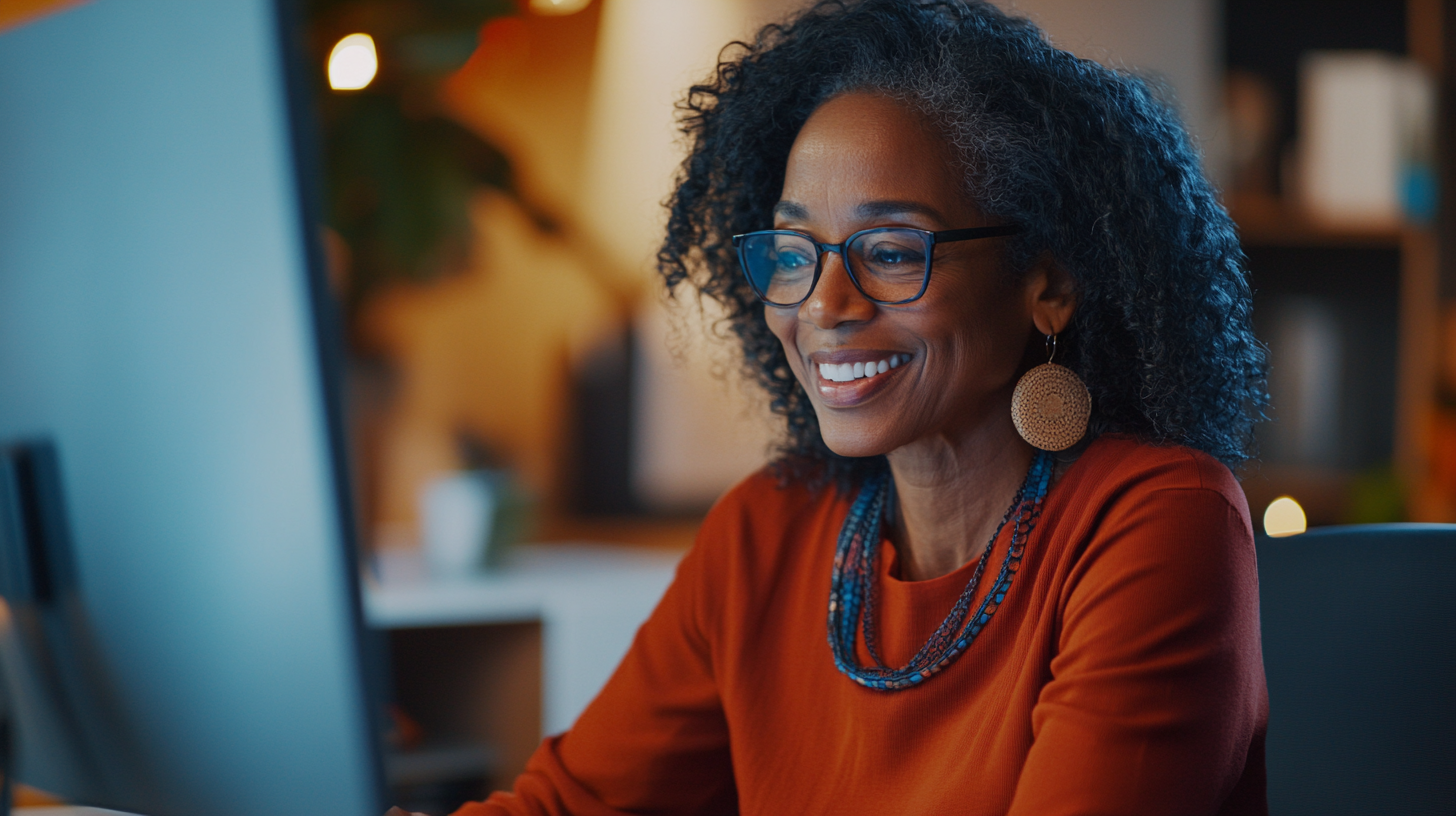 Middle-aged woman smiling in virtual meeting with red/blue clothing.