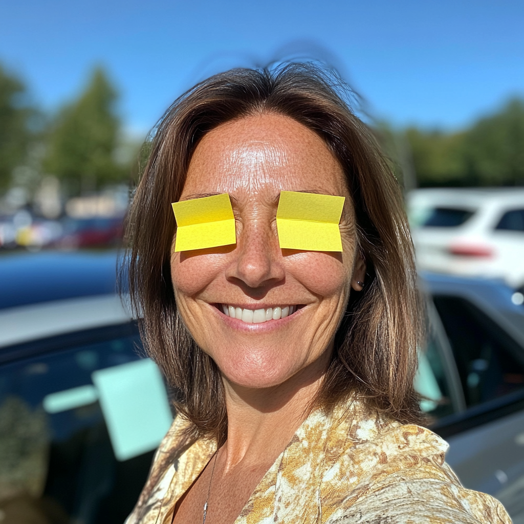 Middle-aged woman smiling with post-it notes, Manchester parking lot 