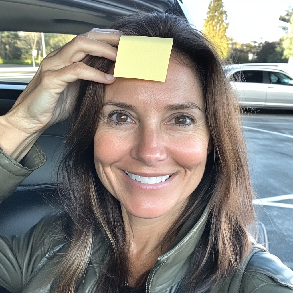 Middle-aged woman taking selfie with post-it note in parking lot.