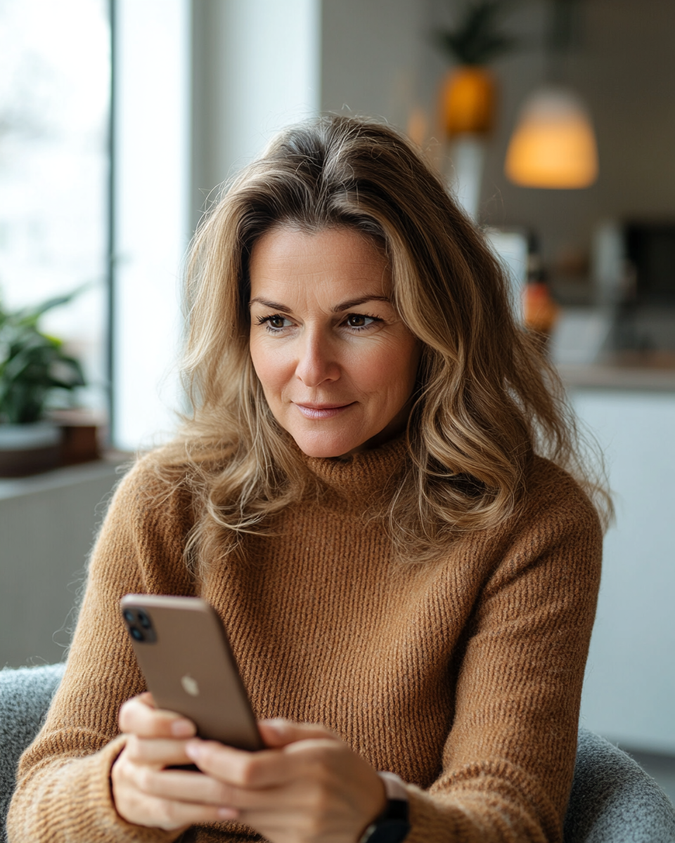 Middle-aged woman using iPhone 15 app in apartment.