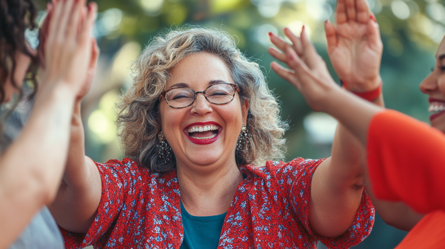 Middle aged women celebrating, playful, high-five, cheerful, DSLR.