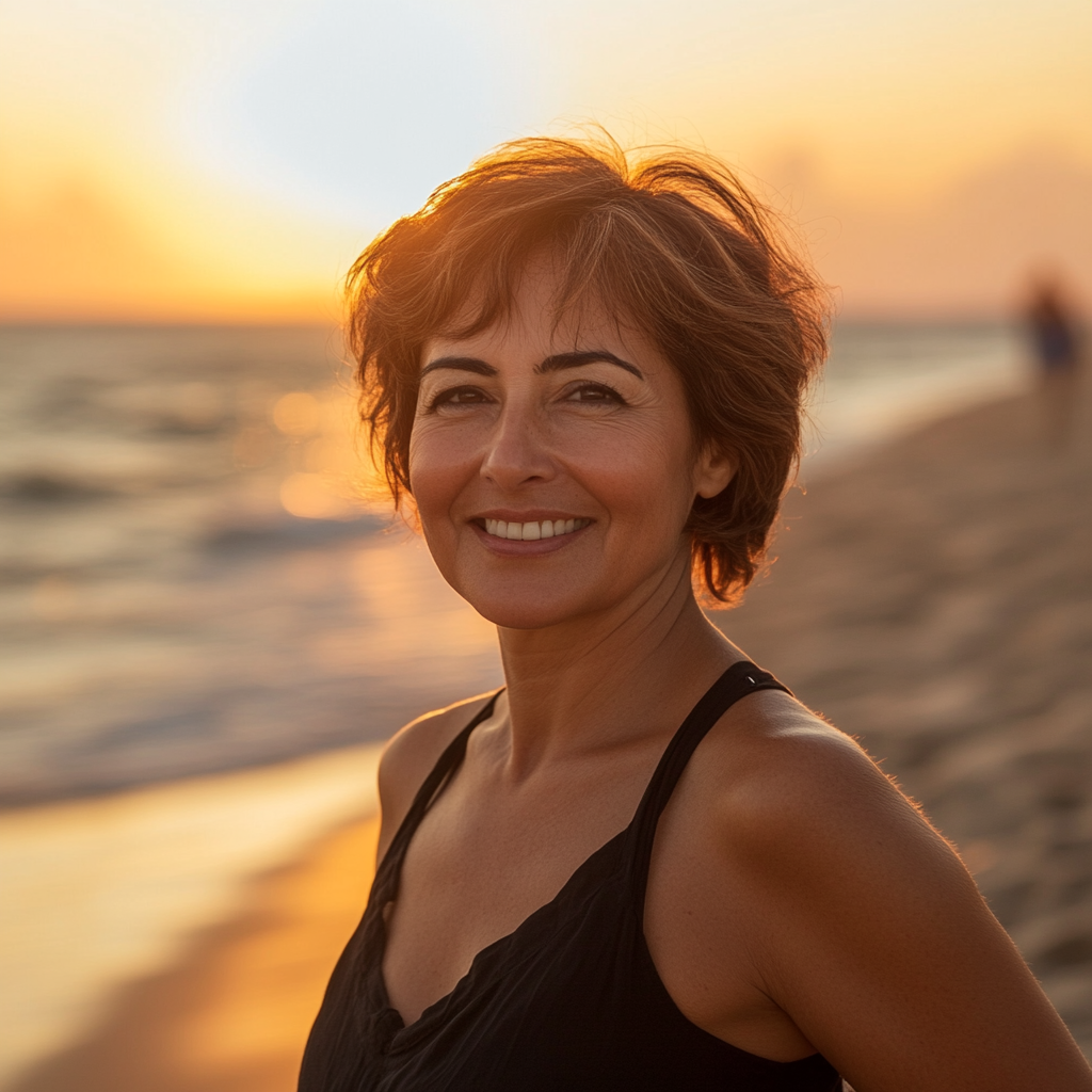 Middle eastern woman in her early sixties, smiling beachwalk.