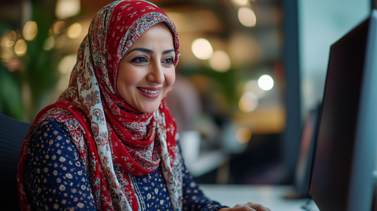 Middle eastern woman smiling, engaging in virtual meeting.