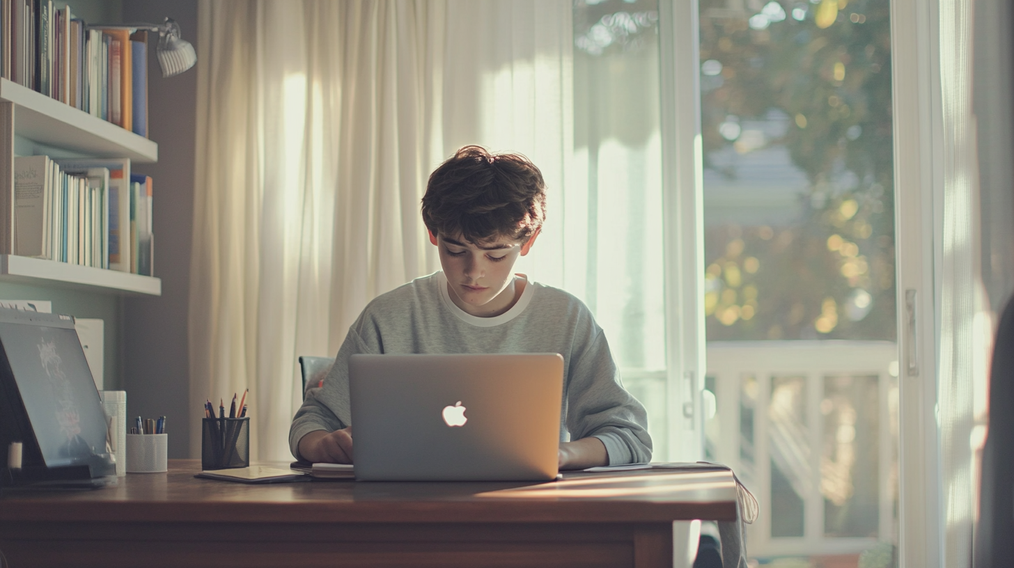 Middle school student studying on laptop at home