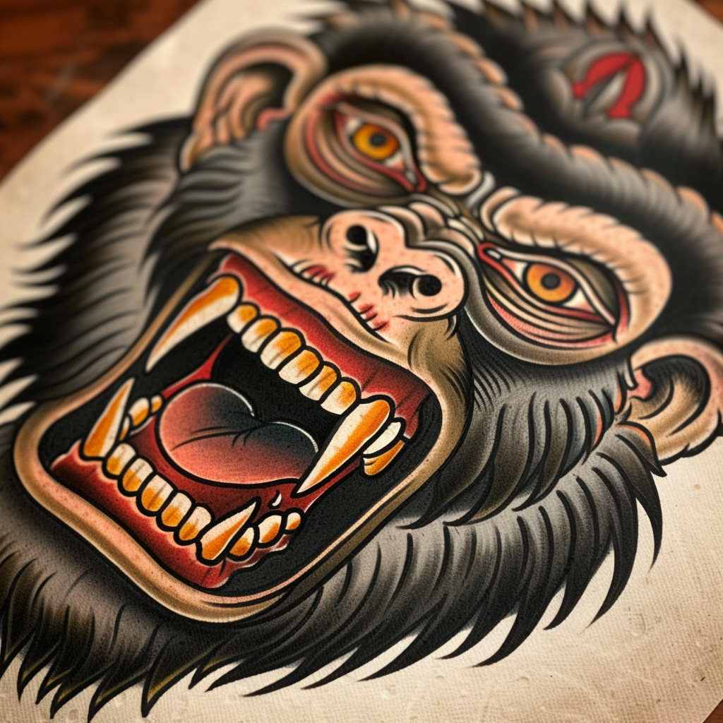 Roaring Gorilla Face Tattoo Image (Max 6 words)