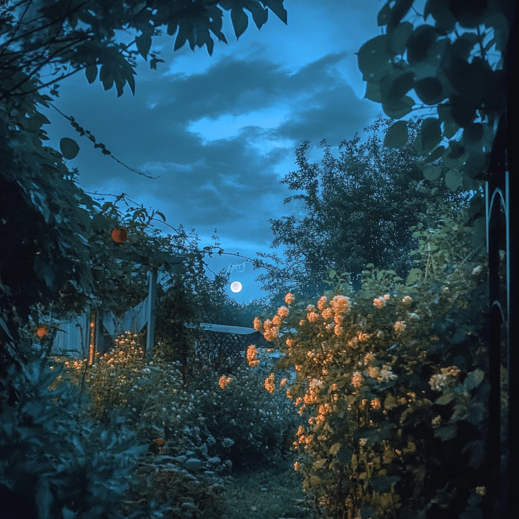 Midnight garden with moonlight, iPhone 15 pro photo