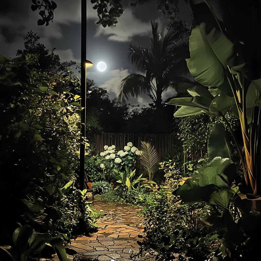 Midnight garden with moonlit plants, peaceful contemplation iPhone 15 pro.