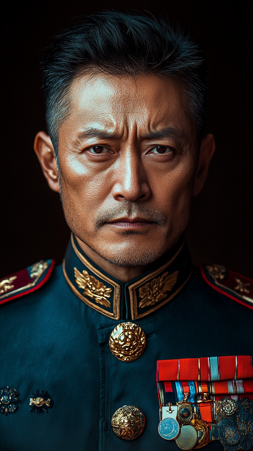 Military Chinese general, 52, dark piercing eyes, scar, space base.