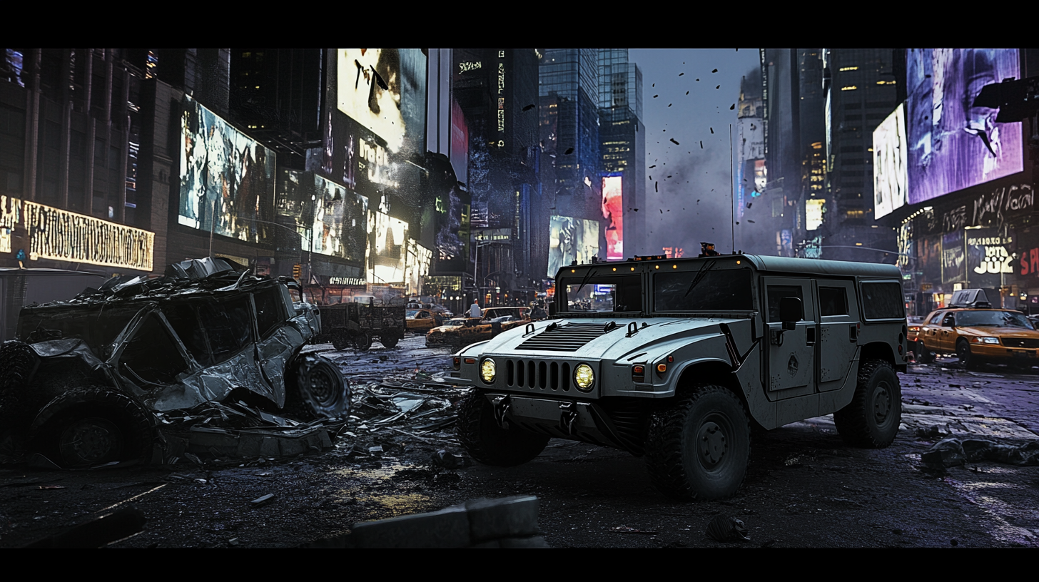 Military Hummers crashed in Times Square, damage captured. Lighting natural, diffused, cool blues. Wide shot composition.