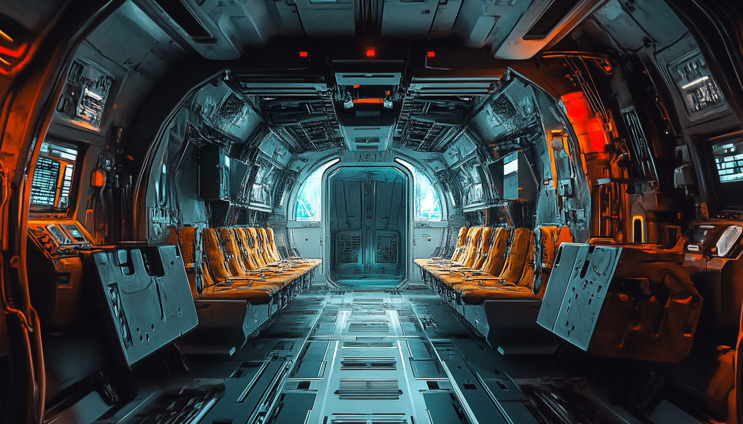 Military shuttle interior in cool colors, gritty action.