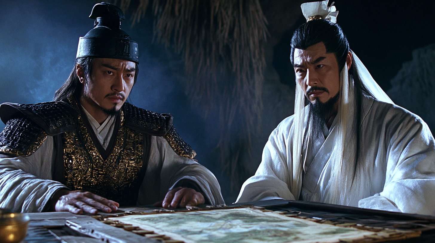 Military strategists Zhou Yu and Zhuge Liang in tent.