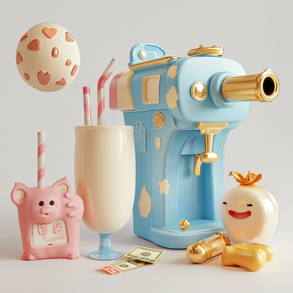 Milk drink, money gun, greeting card icons on white.