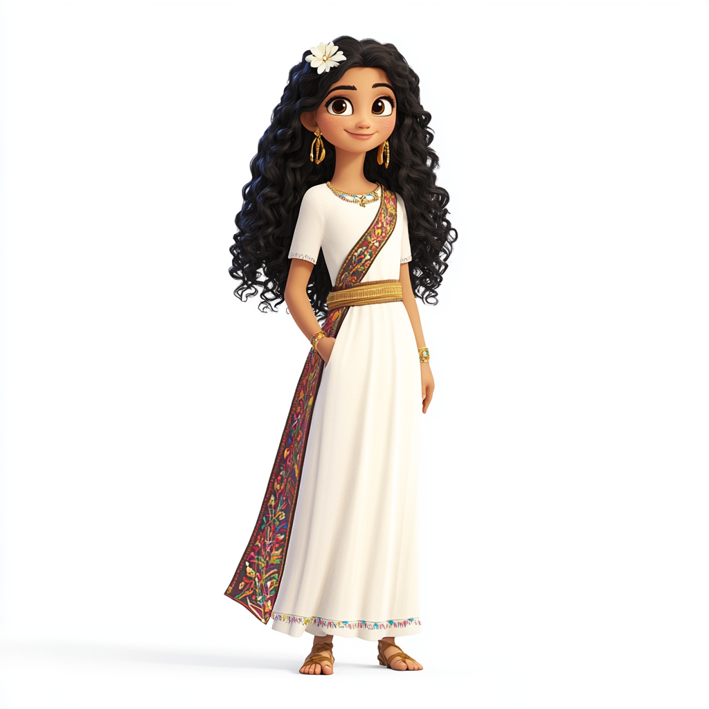 Milya, Youthful Cartoon Character in Flowery White Dress