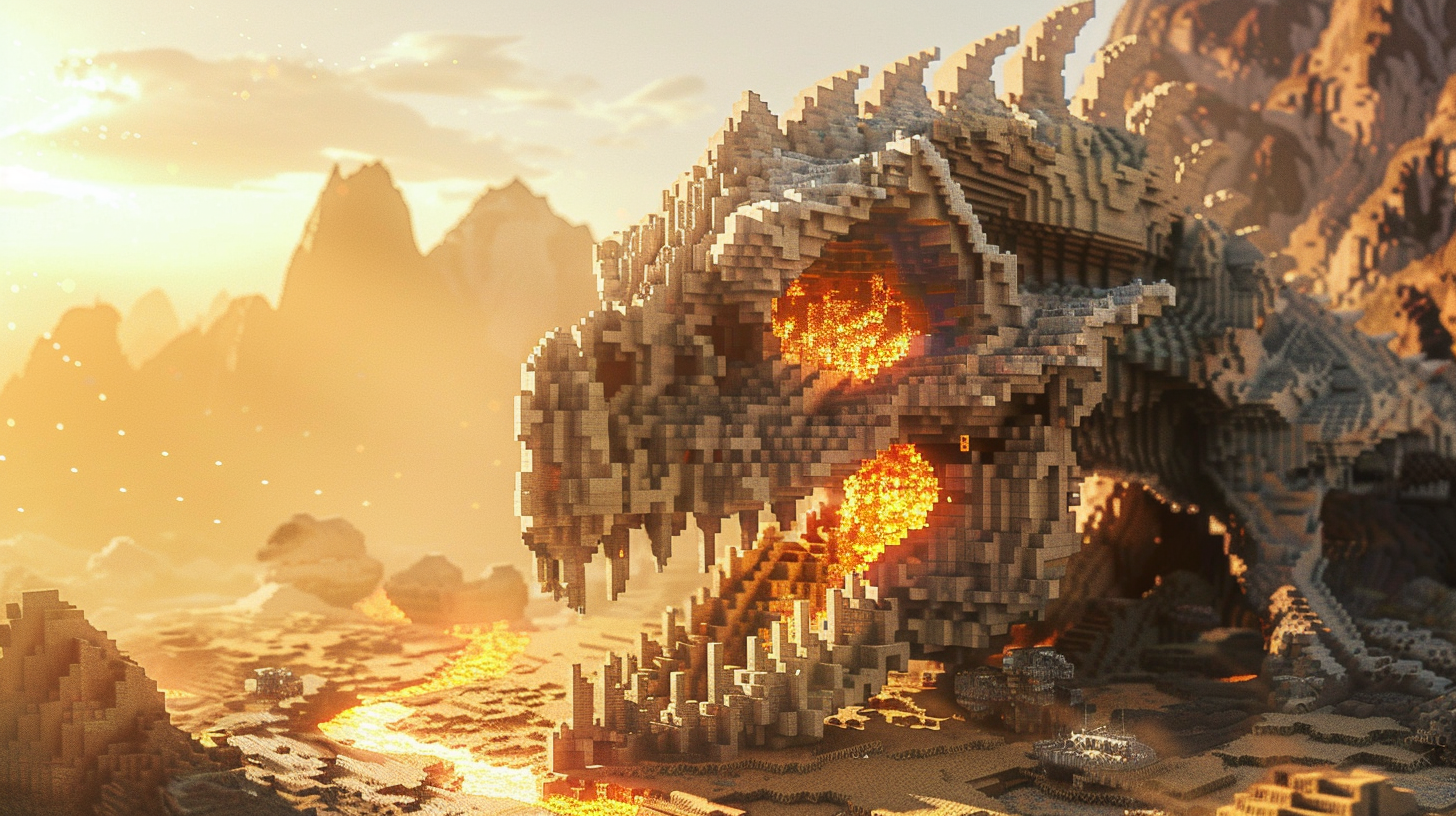 Minecraft build of Balerion's skull in desert landscape.