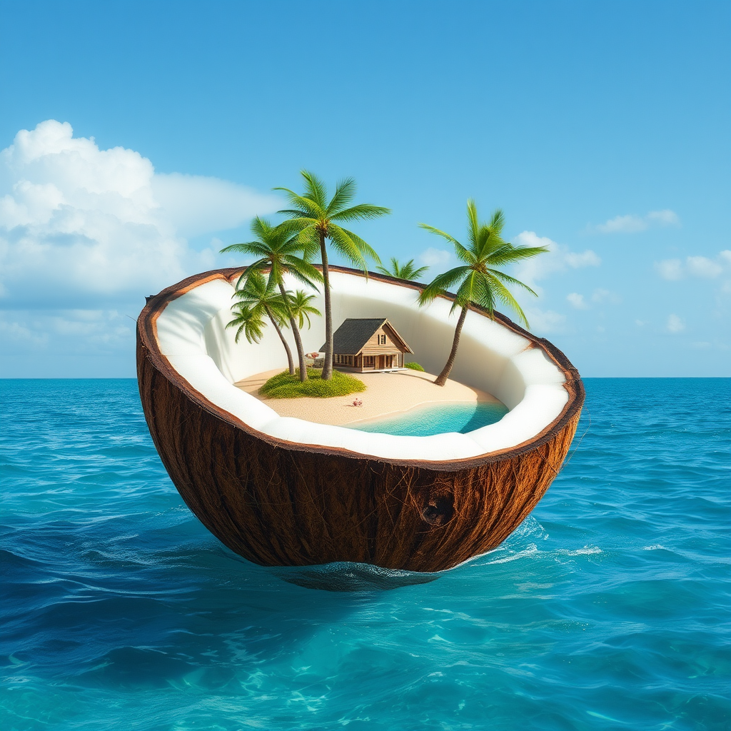 Miniature Island Inside Coconut Floating in Sea