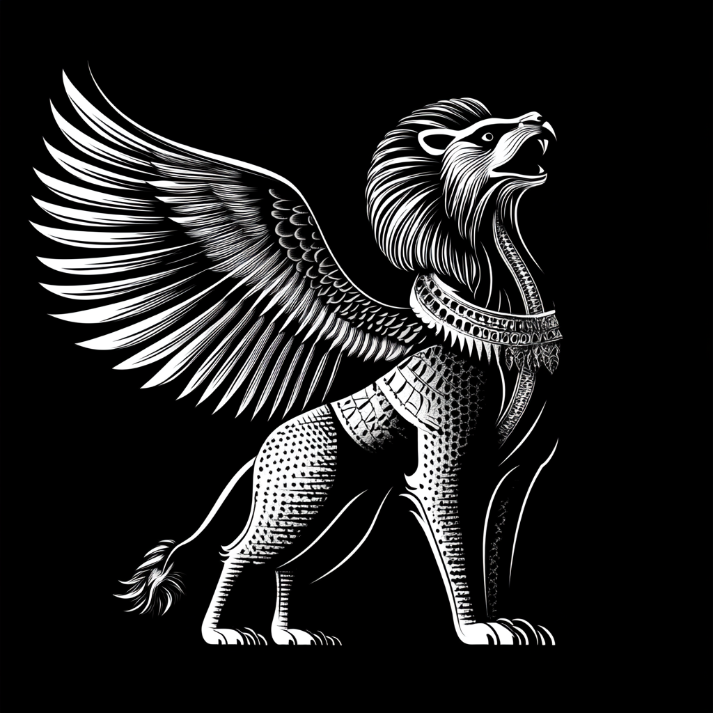 Minimal 2D black and white Griffin design inspired by Persepolis.