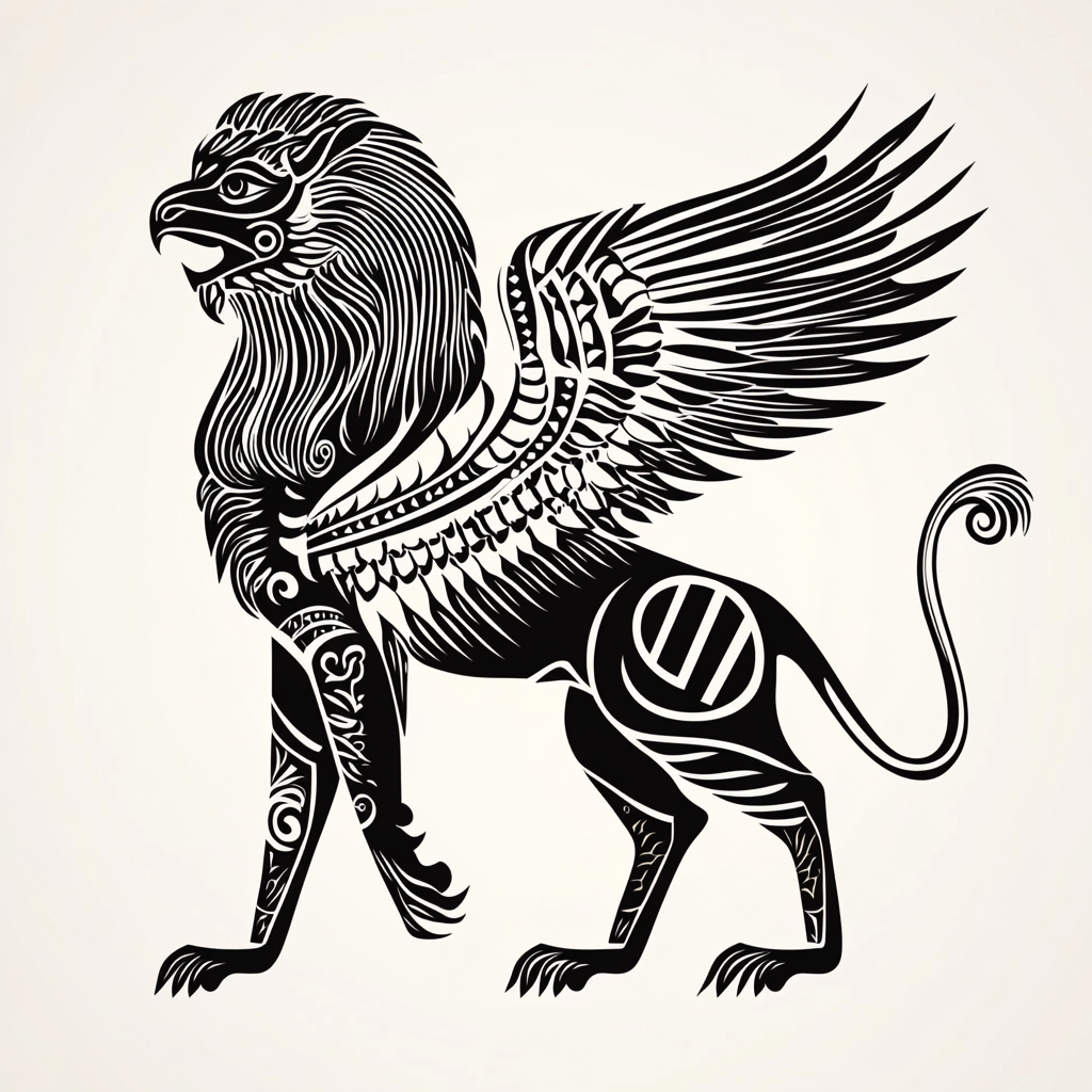 Minimal 2D vector art of Persian-inspired griffin.