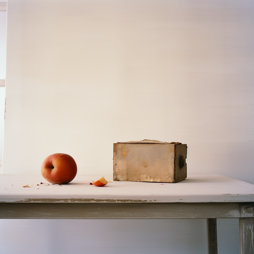 Rotting apple and peach on a minimal table