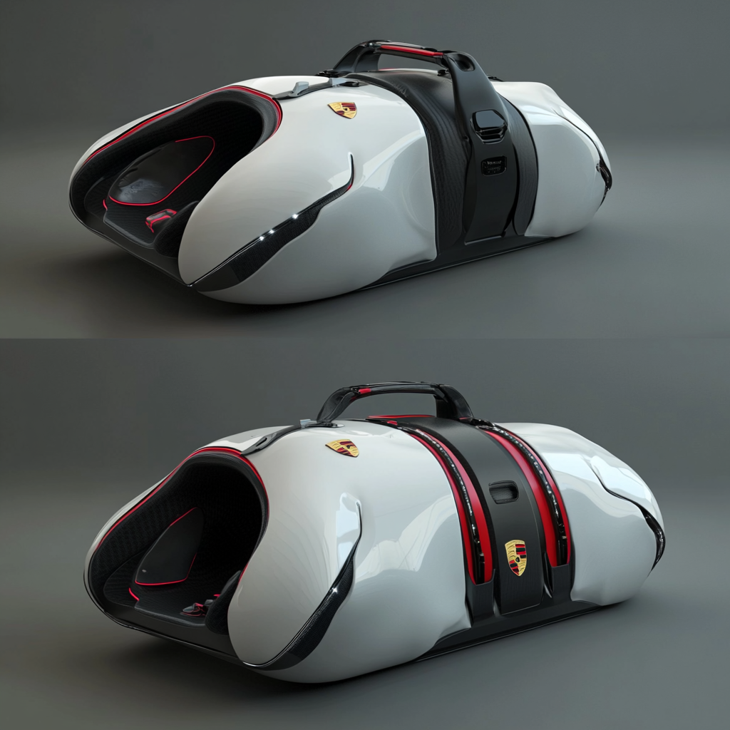 Minimal futuristic Porsche duffle bag with logo, realistic model.