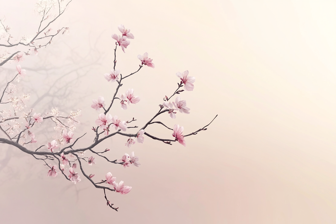 Minimal landscape with blossoming tree branch, delicate pink flowers.