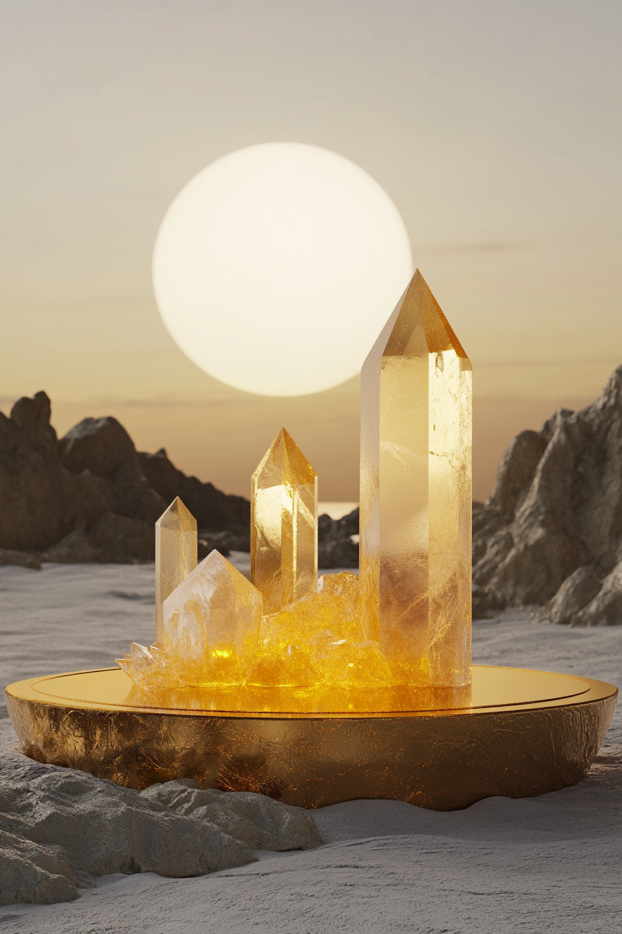 Minimal zen desert sunset scene with yellow crystal platform.