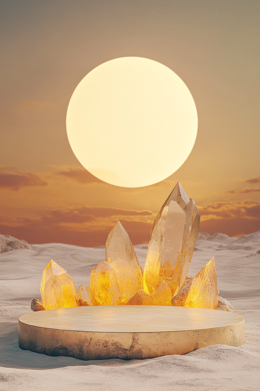 Minimal zen desert wallpaper with crystal mountains and sunset.