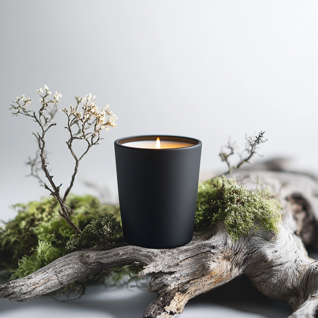 Minimalist, eco-luxury candle on driftwood with moss.