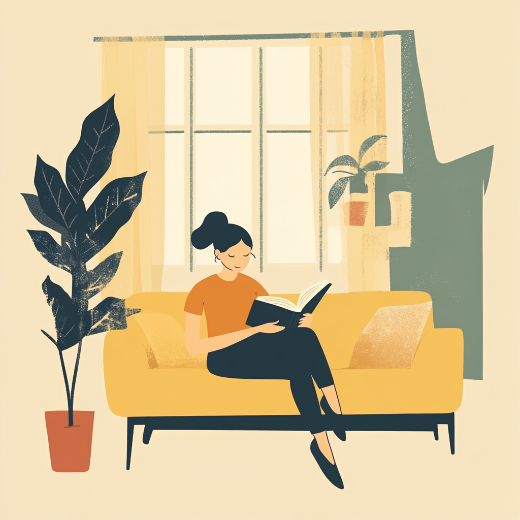 Minimalist, friendly illustration of a woman reading book.