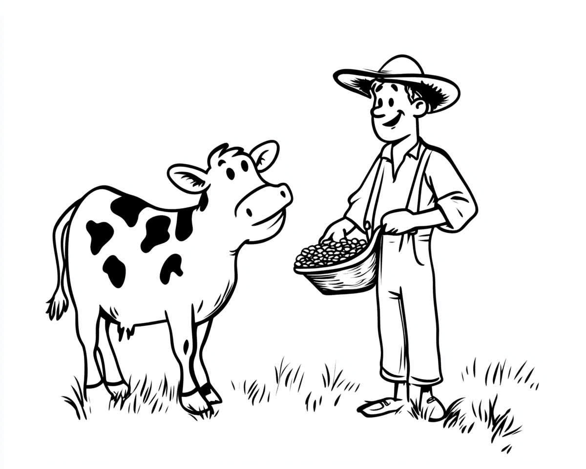 Minimalist Comic-style Child's Drawing of Cows and Farmer