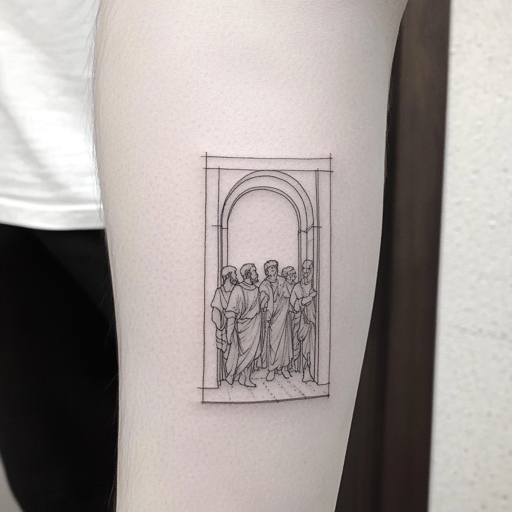 Minimalist Fine Line Tattoo of Acts 3:2-8 Scene